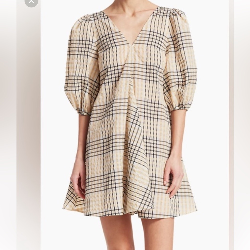 Ganni Beige and Black Plaid Mini Dress